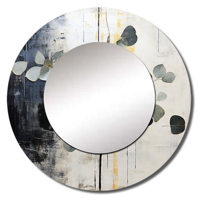 Monochrom Iron Ivy Leaves - Leaves Decorative Wall Mirror, Green Round Mirror, Printed Metal Art