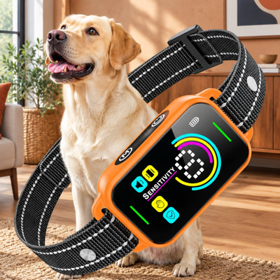 This paste-blue IP67 waterproof bark-control collar is intended for dogs of any size, using smart AI 1S bark-stopping technology alongside beep, vibration, and 8 sensitivity settings.