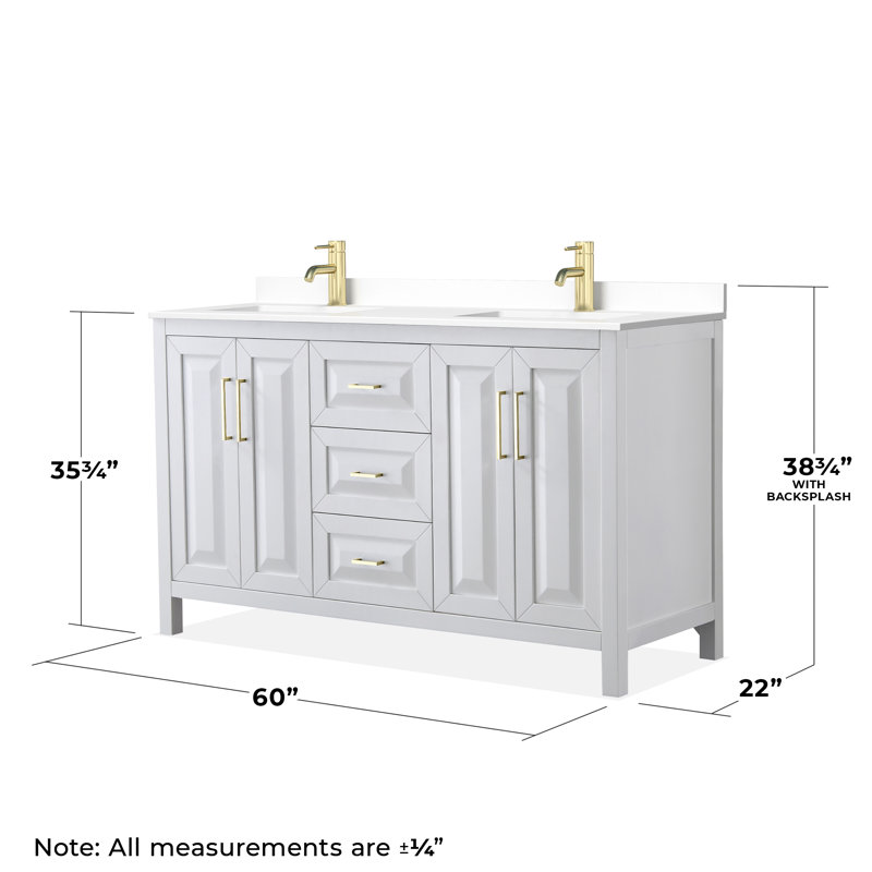 Daria 60'' W Double Vanity, White, White Cultured Marble, Brushed Gold