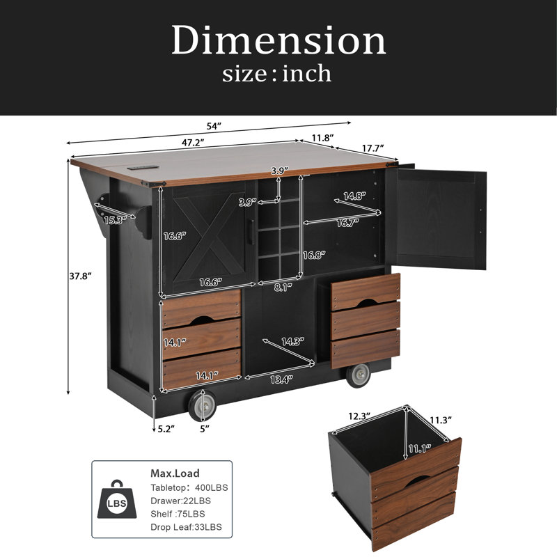 54" Farmhouse Kitchen Island With Drop Leaf, Power Outlet, Kitchen Storage Cart With 2 Doors, 2 Drawers, Rolling Kitchen Island On 4 Large Wheels With Spice Rack For Kitchen, Dining Room