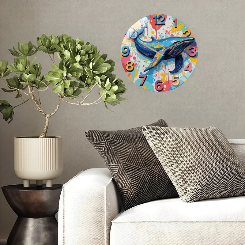 Horloge murale baleine colorée pour art décoratif unique 12 po