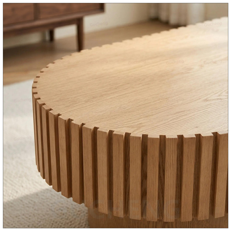Table basse ovale, conception cannelée moderne Mid-Century avec piédestal, bois classique pour le salon et les petits espaces