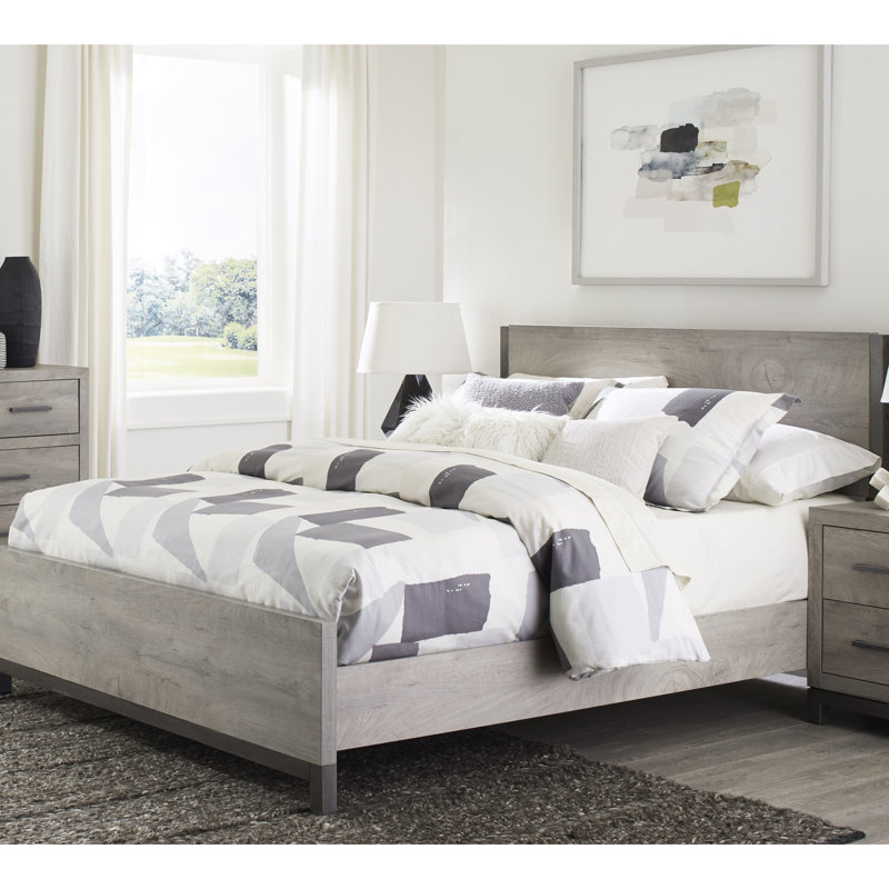 Lit gris pour chambre à coucher - Mobilier en bois pour grand lit avec