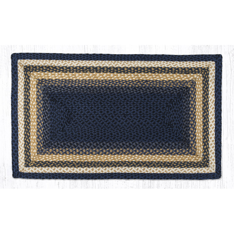  Tapis tressé oblong bleu clair, bleu foncé et moutarde - qualité artisanale, Rectangle 2 pi 3 po x 3 pi 9 po