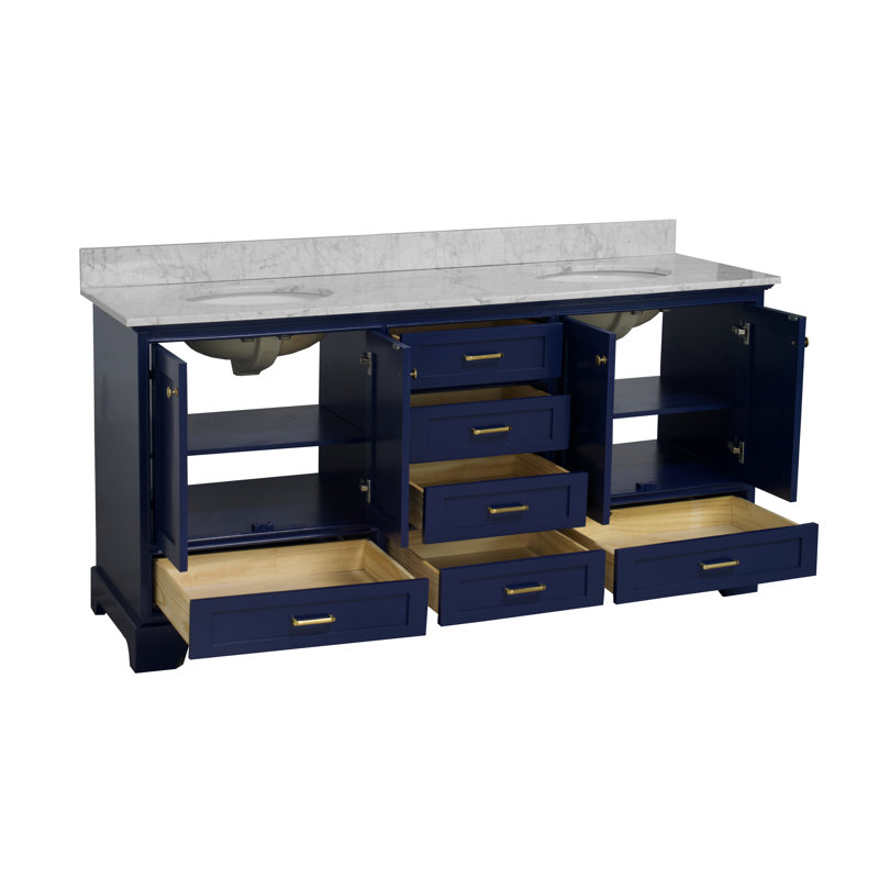 Ensemble de meuble-lavabo double 72 po Larosa, Bleu royal, Marbre de Carrare