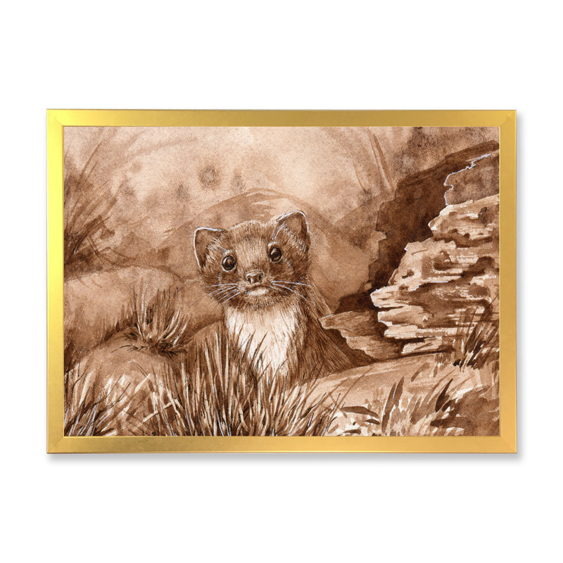 Wild Weasel in the Forest - Peinture sur toile, H 30 po x l 40 po, Encadrement doré