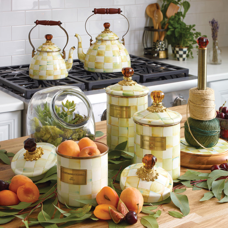 Yellow and Cream Enamel Checkered 3-Quart Tea Kettle