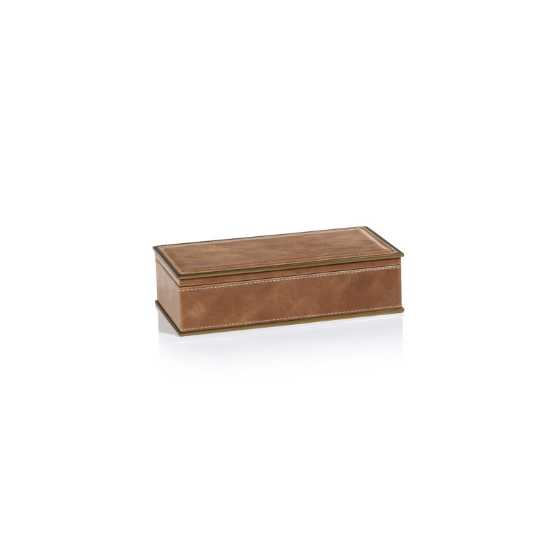 Boîte décorative en cuir avec bordure en laiton, H 2,5 po x l 9 po x P 4,75 po