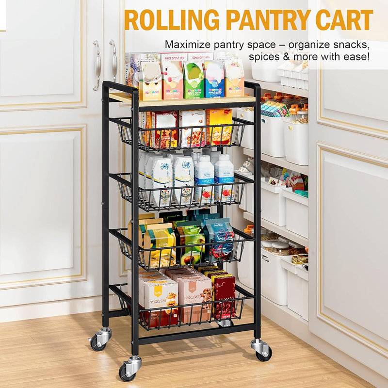 Chariot de rangement à 5 niveaux avec plateau en bois, organisateur de panier en métal sur roulettes verrouillables, casse-croûte utilitaire et support à légumes avec tapis