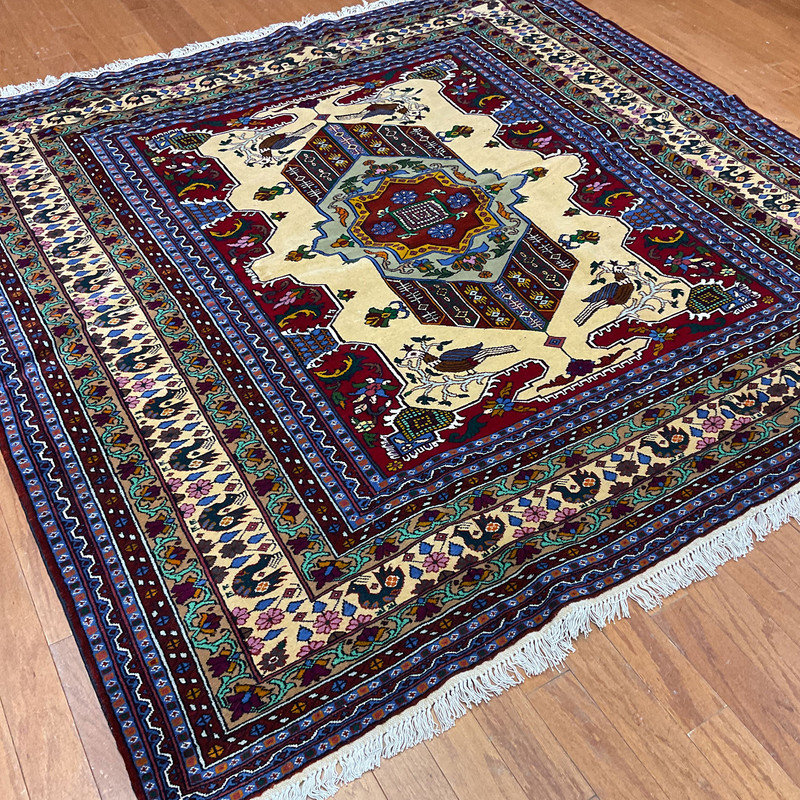 Tapis carré unique en laine noué à la main 6 pi 6 po nouvel âge beige / bleu / vert / rouge