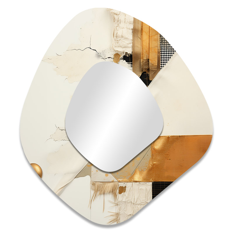 Folcroft gris et or coucher de soleil Collage VI - miroir à forme unique, collage abstrait, 35 po x 31 po