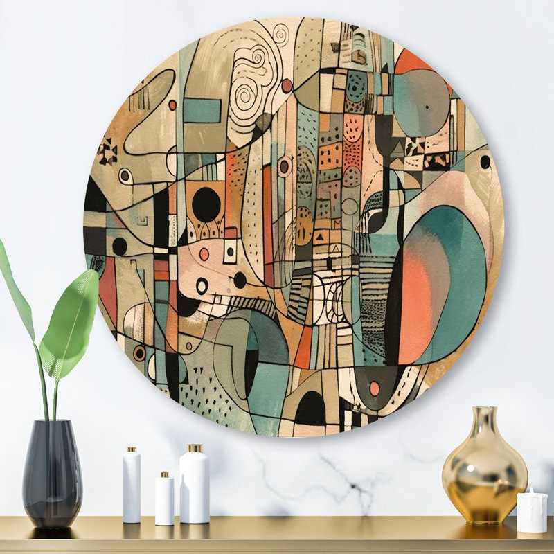 Golden Mid Century Boho Drawing - Abstract Minimalism Round Wall Art on Metal, 29" H x 29" W x 1" D