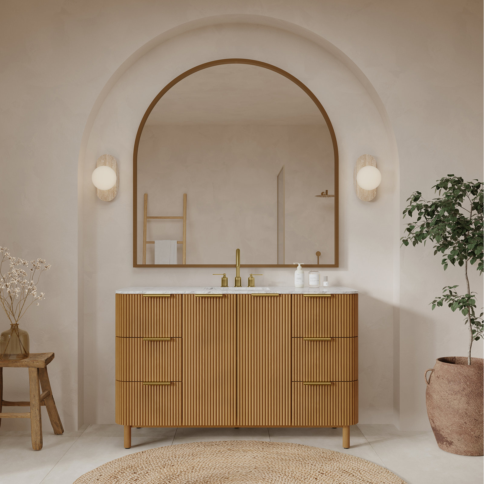 Nova 55" Carrara Marble Single Bathroom Vanity, Reeded Birch