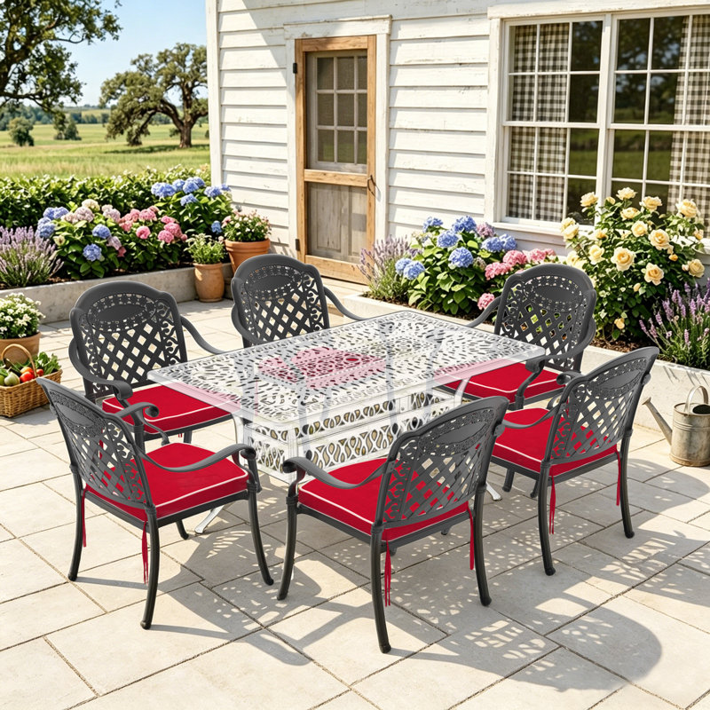 Ensemble de 6 chaises de salle à manger empilables pour patio avec accoudoirs et coussins rouges