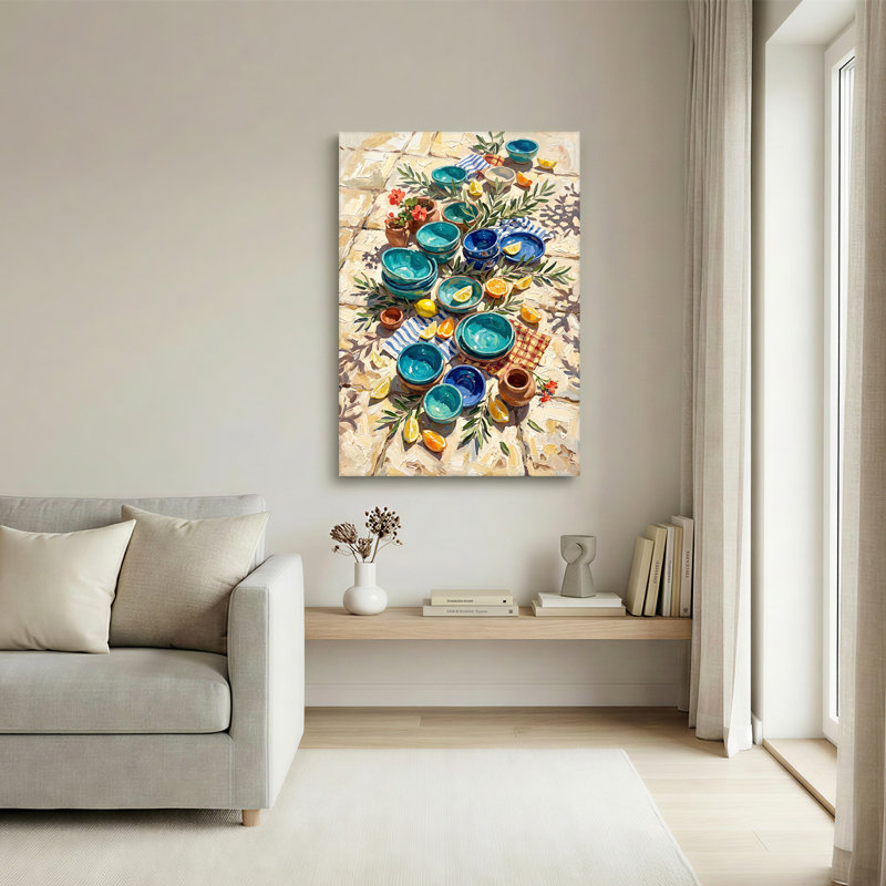 Art mural sur toile en céramique bleue avec citrons oranges et branches olive, H 18 po x l 12 po