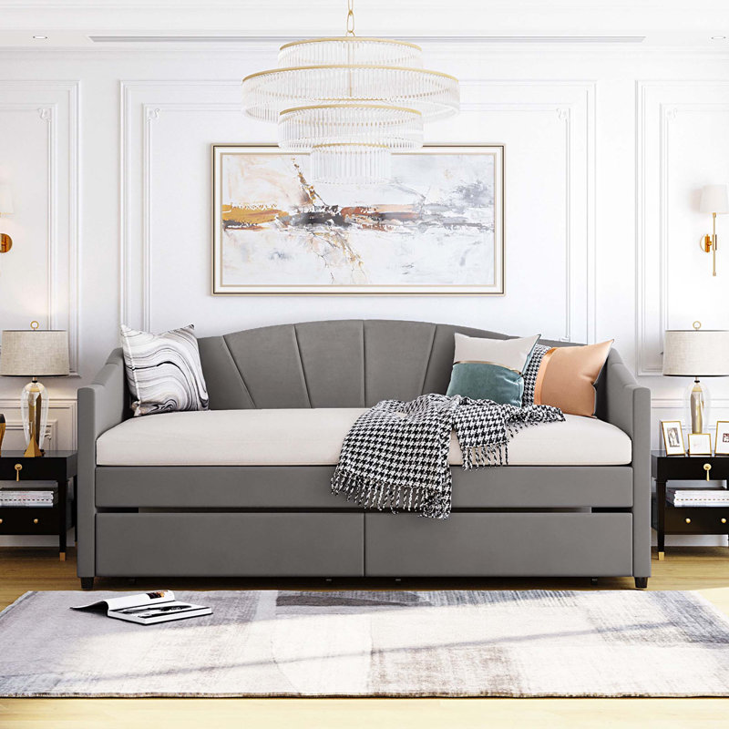 Upholstered daybed Twin Size with Two Drawers and Wood Slat, Gray