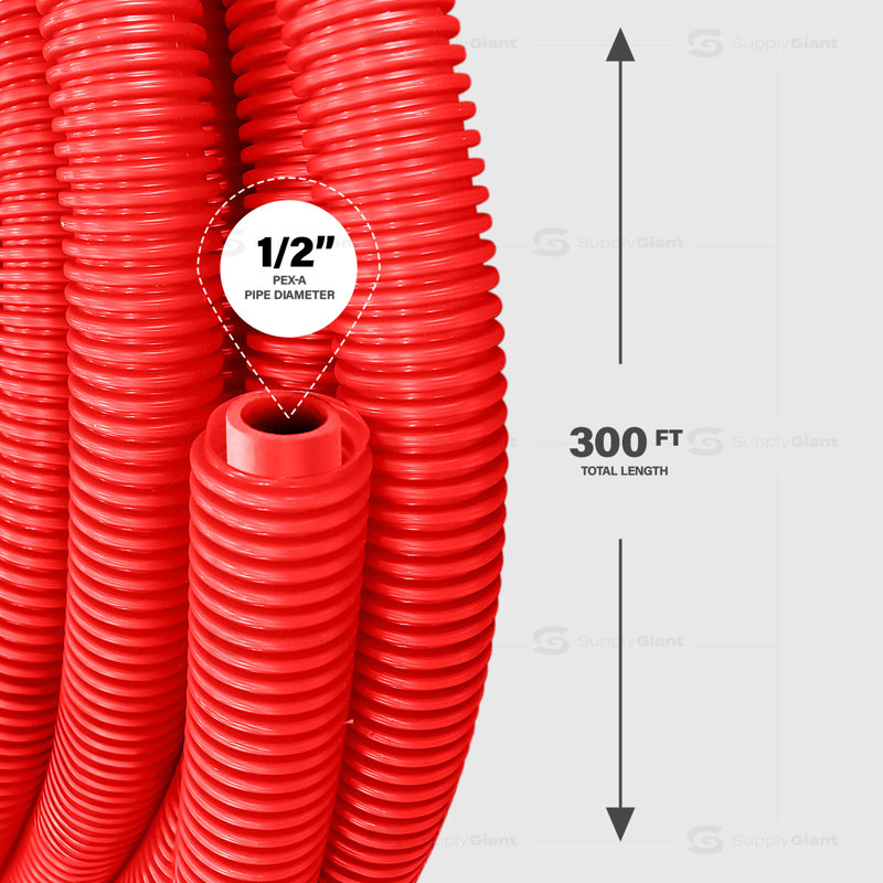 Tuyau PEX-A en PEHD ondulé pré-tissé 1/2 po x 300 pi Tuyau PEX isolé, eau chaude et froide, rouge