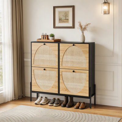 Armoire à chaussures en rotin peu encombrante avec 4 portes rabattables - Rangement étroit élégant pour les entrées et les couloirs