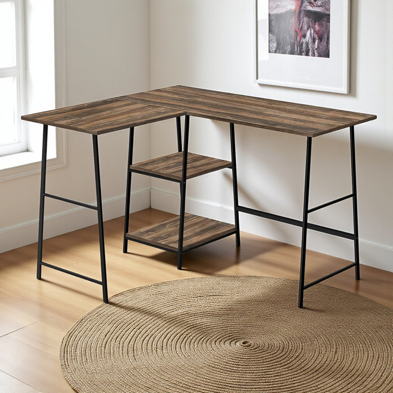 Computer Desk, Home Office, Corner, Storage Shelves, 48"l, L Shape, Work, Laptop, Natural Laminate, White Metal, Contemporary, Modern
