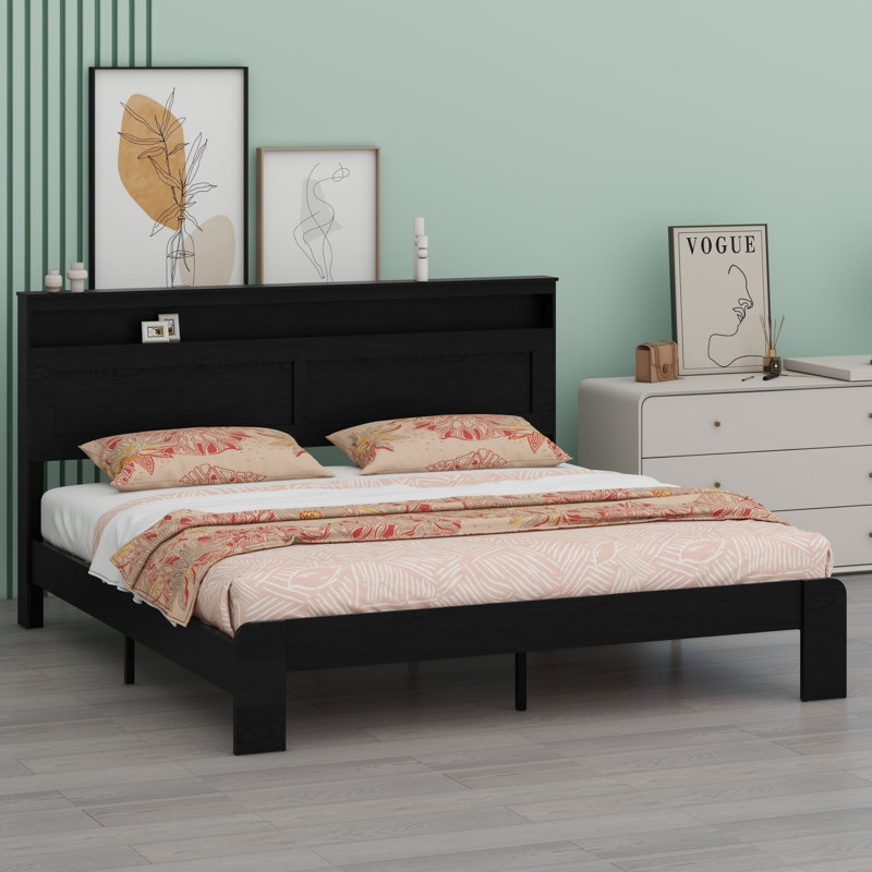 Structure de lit plateforme en bois avec tête de lit à DEL avec rangement et 2 USB, grand rangement sous le lit, Noir foncé