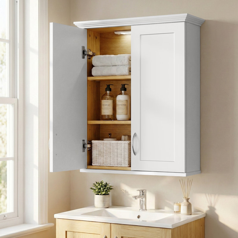  23" X 30" White Shaker Wall Mounted Bathroom Cabinet With Wood Grain Interior And Dtc Soft-close Hinges, White