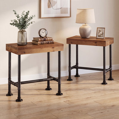 Table de bout en bois massif, table d'appoint de salon industriel, tables de chevet étroites avec structure en métal pour la chambre à coucher, assemblage facile