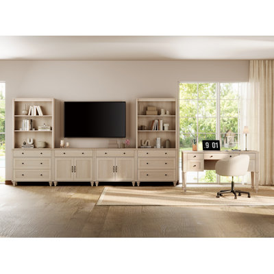 Living Room Table Set 56" Executive Office Desk With Drawers, 75 Inch TV Stand Cabinet With Bookshelves, 8 Drawers TV Cabinet, Writing Desk With 5 File Drawers For Home Office And Study Room, Beige
