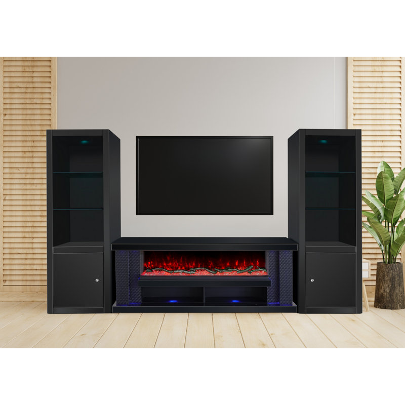 Meuble audio-vidéo ultra-brillant / foyer électrique avec tablettes, lumières à DEL RVB, haut-parleur Bluetooth, télécommande - aucun assemblage requis