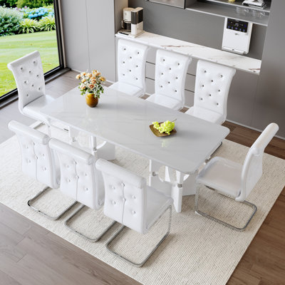 Ensemble de salle à manger 9 pièces rectangulaire moderne avec table en bois aggloméré en faux marbre blanc, 8 chaises capitonnées en PVC blanc, pour la cuisine et la salle à manger