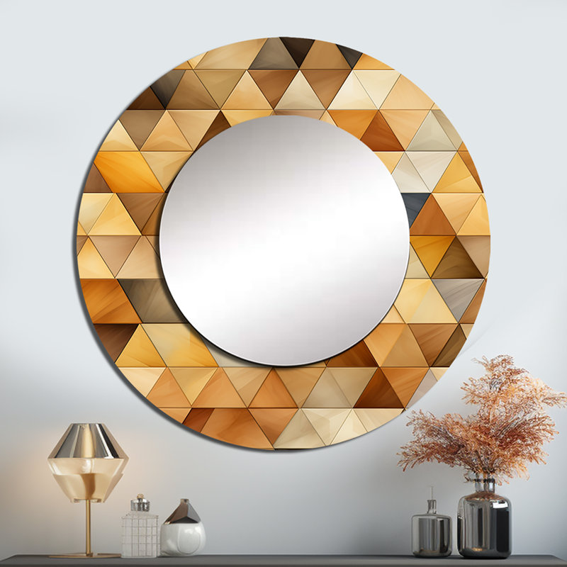 Beige et brun rustique Triangle Vision - miroir géométrique, miroir mural rond beige, impression d'art en métal