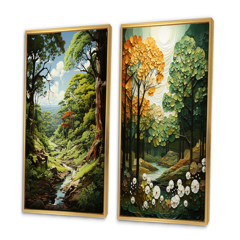 «Orange Green Trees Canopy», 2 pièces, H 32 po x l 32 po, Encadrement doré