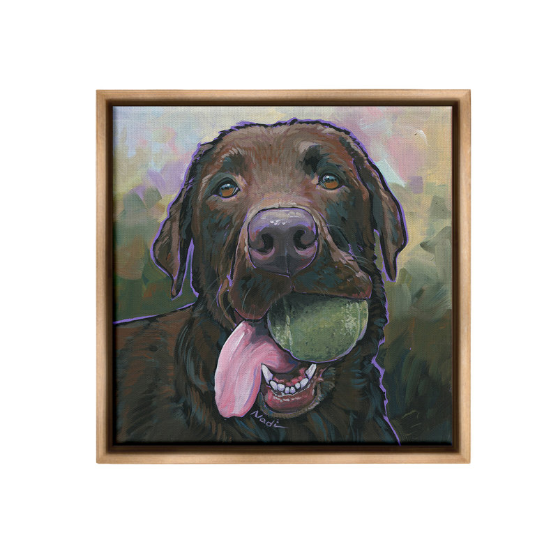 "Chien jouant au ballon" par Nadi Spencer sur toile, Cadre flottant orme Montalcino, H 18 po x l 18 po