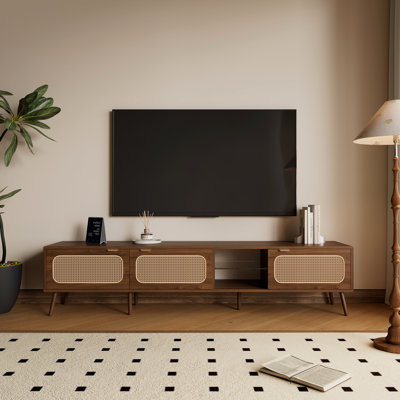 Meuble télé 78 po, console de 70, 79 po, chambre à coucher, centre de divertissement, tablette ouverte, rangement fermé, charnières à fermeture en douceur, poignée à tirer, structure en bois massif, support pour abat-jour couleur noyer