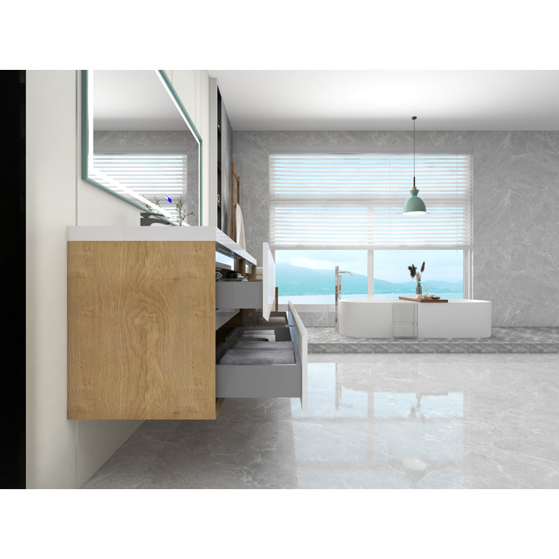 Seavy 83.4'' Double Bathroom Vanity with Plastic Top, Gloss White