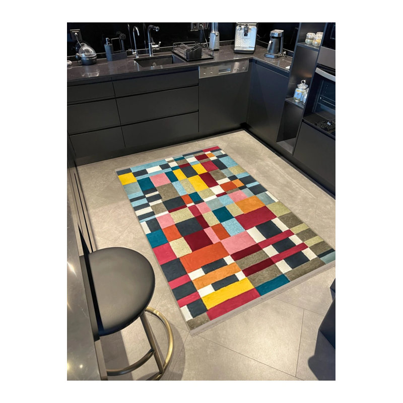 Multicolored Mixed Abstract Geometric Patterned Fringed Modern Decorative Carpet, Round 5'