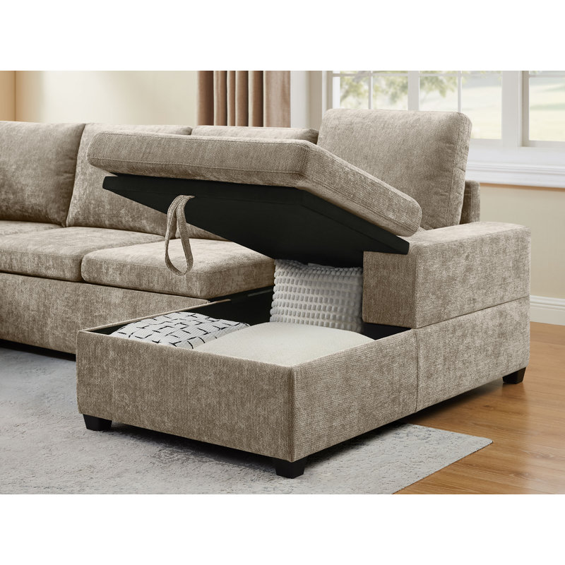 Pull-Out Sofa With Storage Chaise, Upholstered Couch, Camel