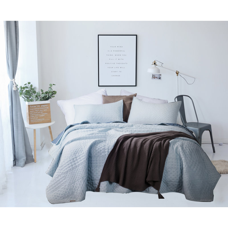 Heat Pressed Polyester Quilt, Single Quilt + 2 Shams, Soft Sky Blue/Indigo Light Blue