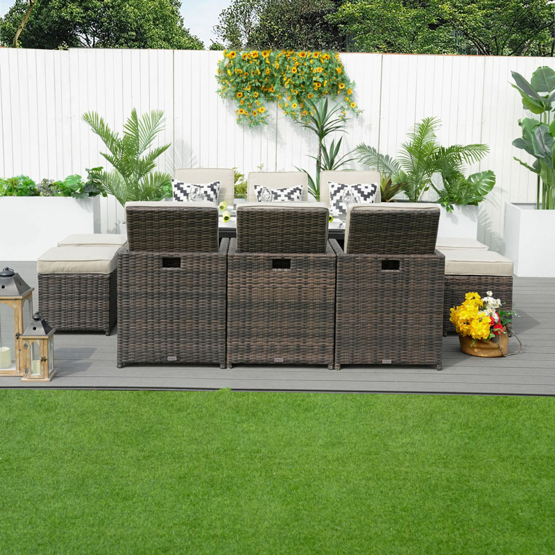 Rectangular 6 - Person 70.87'' Long Fire Pit Table Dining Set With Cushions, Brown