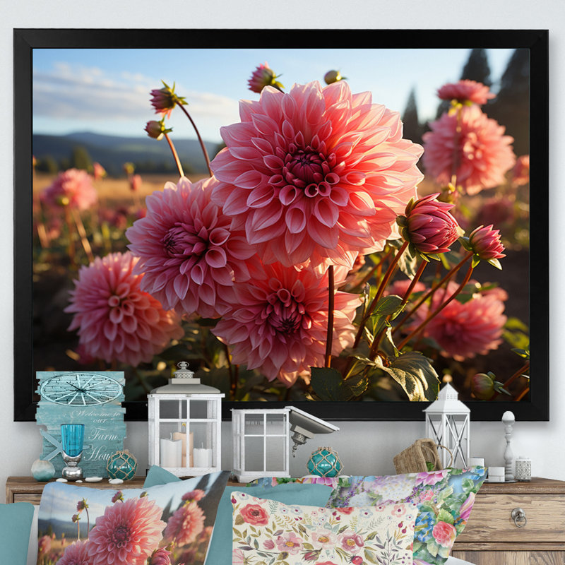 Dahlia Field Sunrise II - impressions murales florales, H 16 po x l 32 po x P 1 po, Cadre simple noir