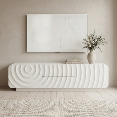 Meuble télé 58 po en bois avec rangement, console de télévision avec 2 tiroirs et portes d'armoire, centre de divertissement avec motif sculptural Wave