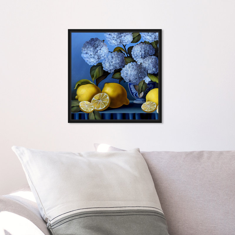 Vase hydrangées et citrons - impression, Impression encadrée, H 13 po x l 13 po, Noir
