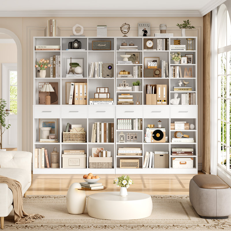 Bibliothèque de rangement en bois 75 "avec tablettes réglables, Blanc / argenté