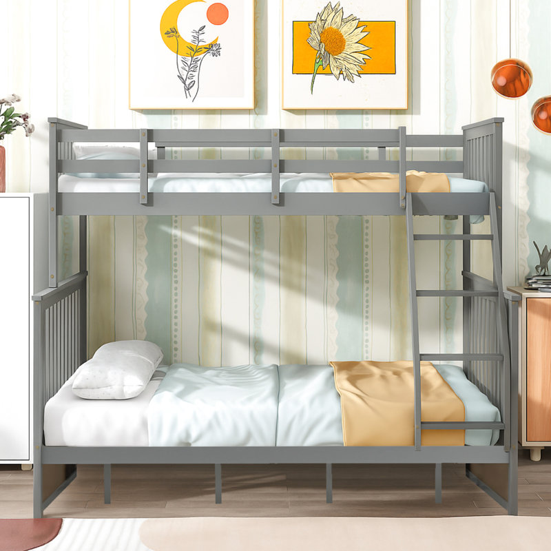 Twin Over Full Gray Bunk Bed Of Wood, Equipped With And Features, Strong Pine Build, Can Be Split Into Two For Added Convenience, No Spring Box Necessary, Top Handrail - Length Protection, Bottom
