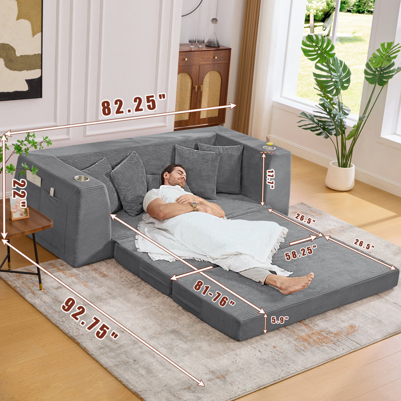 [Nouveauté] [Vidéo fournie] Canapé-lit convertible de 82,25 po, causeuse, canapé 2 en 1, canapé-lit en velours côtelé, 5 coussins, poche latérale, sans assemblage, deux porte-gobelets, accoudoirs larges, 3 sièges, gris foncé