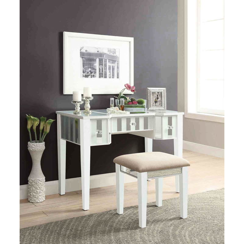 Tabouret de coiffeuse 1pc de style transitionnel blanc, bois massif avec 3 tiroirs de rangement et miroir central de 5 mm, pièce de chambre à coucher pour rehausser le décor, finition du miroir pour