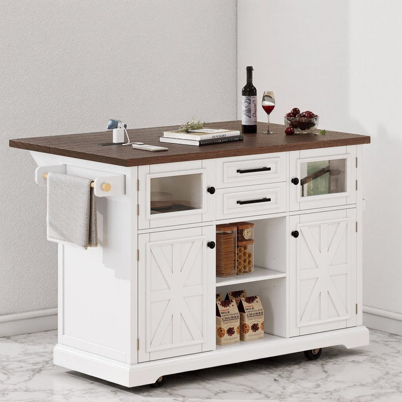 54.9" Farmhouse Kitchen Island with Drop Leaf, Charging Station, Cross Barn Doors & Glass Panel, 4 Internal Racks, Lockable Hidden Wheels