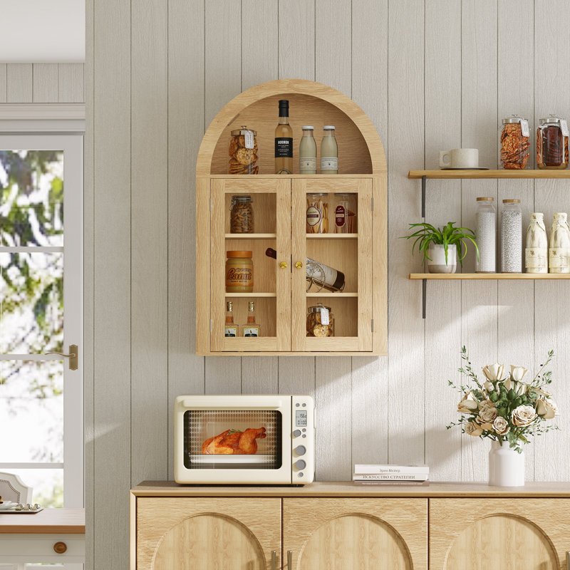 Wall Bathroom Cabinet with Glass Doors, Wood Medicine Cabinet with Adjustable Shelf, Arched Hanging Cabinet for Bathroom, Living room, Natural