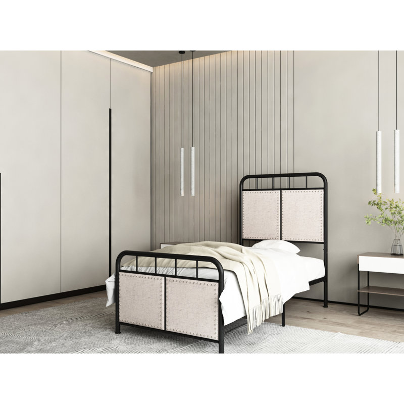 Structure de lit simple en lin avec tête de lit tapissier en métal, pièce de décoration moderne pour la chambre à coucher, construction, sommeil tranquille, facile à assembler, sans sommier tapissier, beige, tissu à poids limité de 250 lb, élégance,