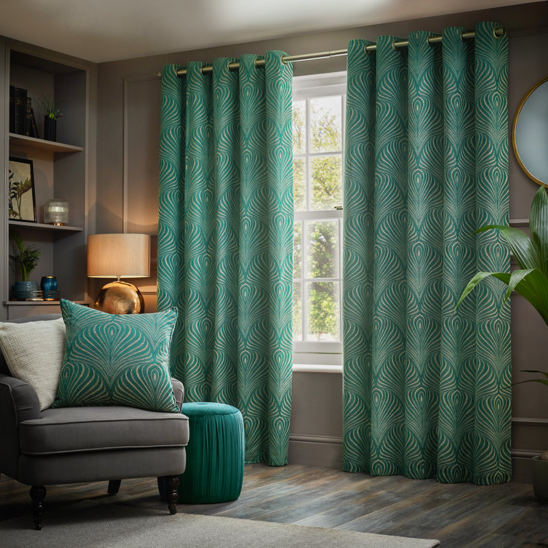 Gatsby Geometric Jacquard Eyelet Curtians, Green, 117 W x 137 D cm