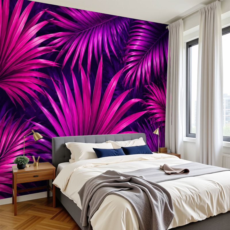 Peel and Stick Wallpaper 100" L x 144" W Modern Self Adhesive Wall Mural for Bedroom - With Neon Palm Leaves Retrowave Synthwave Vaporwave Print